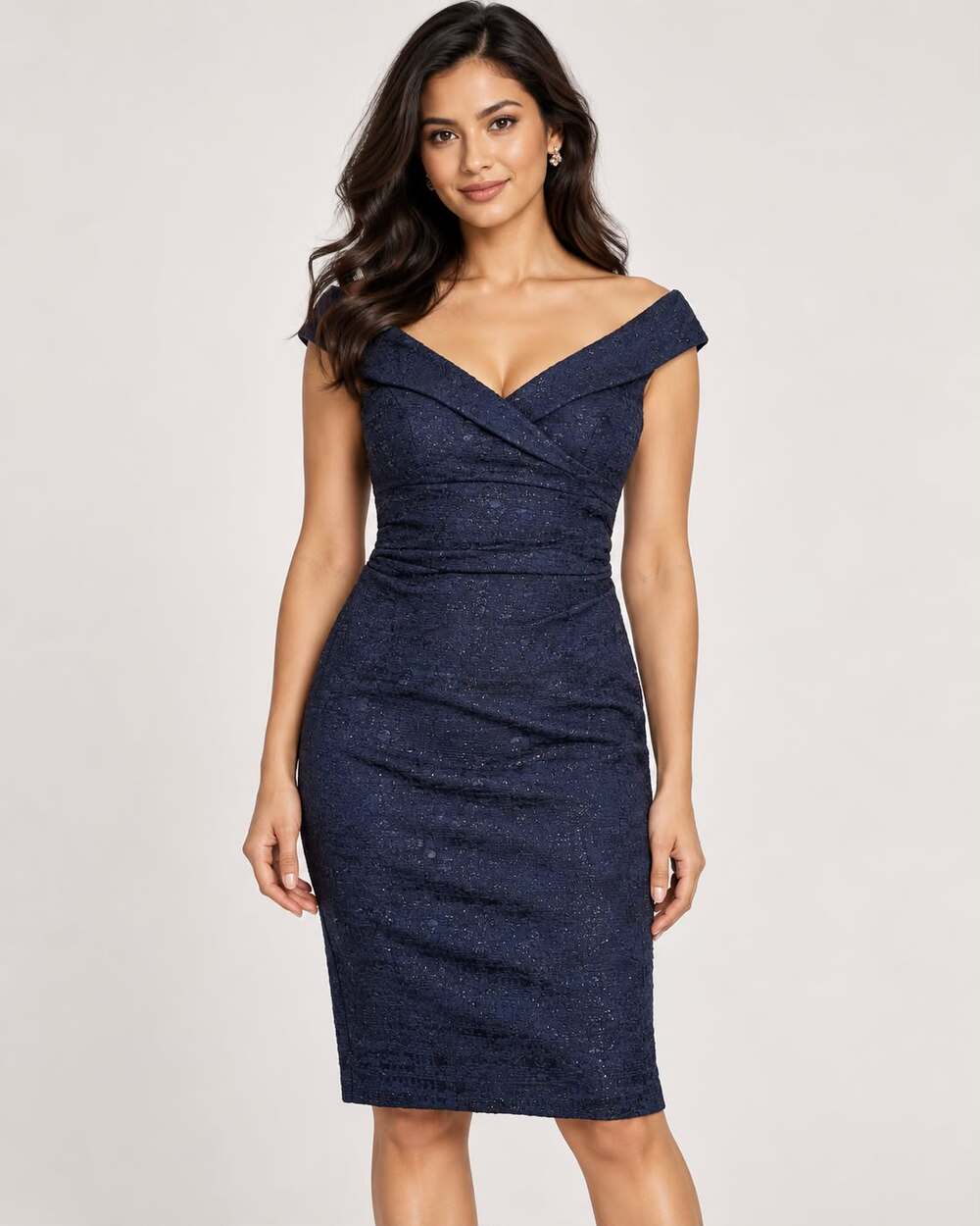 NWT Kay Unger Navy Metallic Jacquard Off Shoulder Dress 8 Old Hollywood